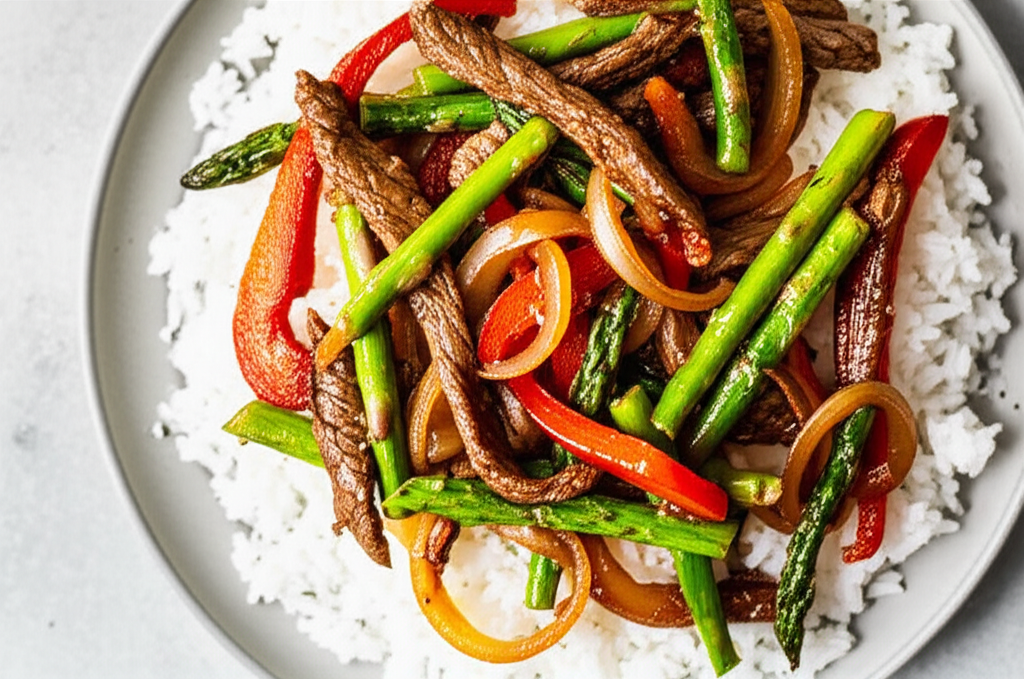 Beef Stir Fry With Asparagus Red Bell Peppers And Caramelized O image