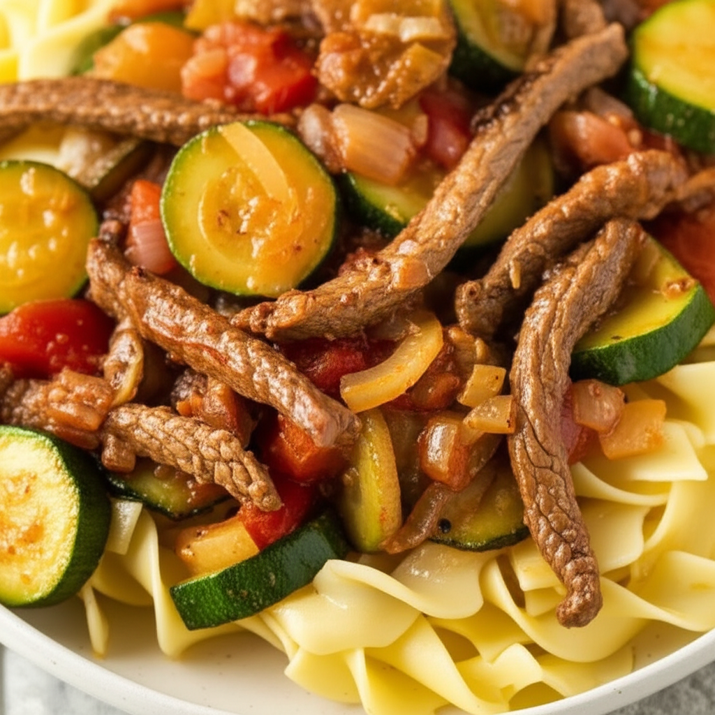 Beef Strips With Zucchini And Tomatoes image