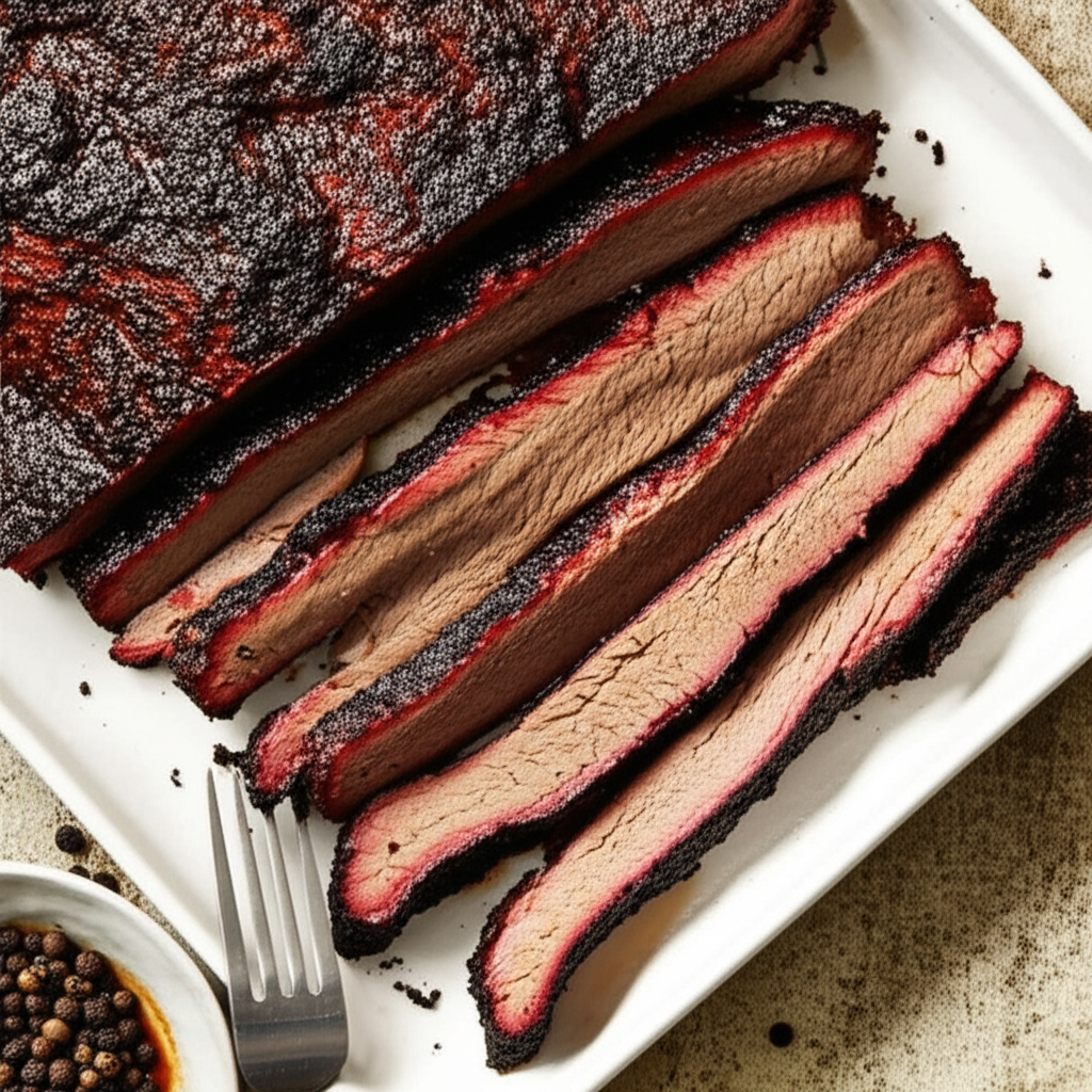 A Smoked Beef Brisket With Rub And A Texas Bbq Sauce image