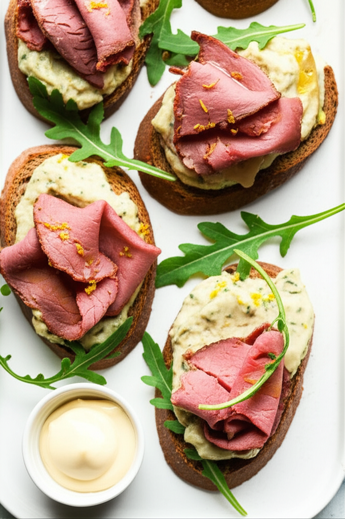 Beef Tenderloin With Artichoke Puree On Rye Toasts image
