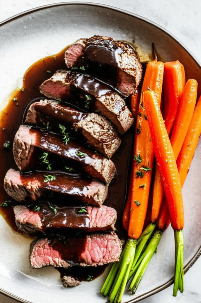 Beef Tenderloin With Bordelaise Sauce Caramelized Carrots And S image