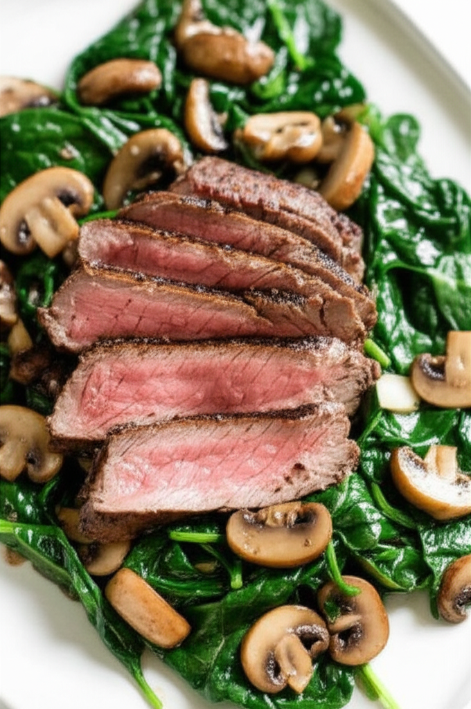 Beef Tenderloin With Garlic Mushrooms And Spinach image