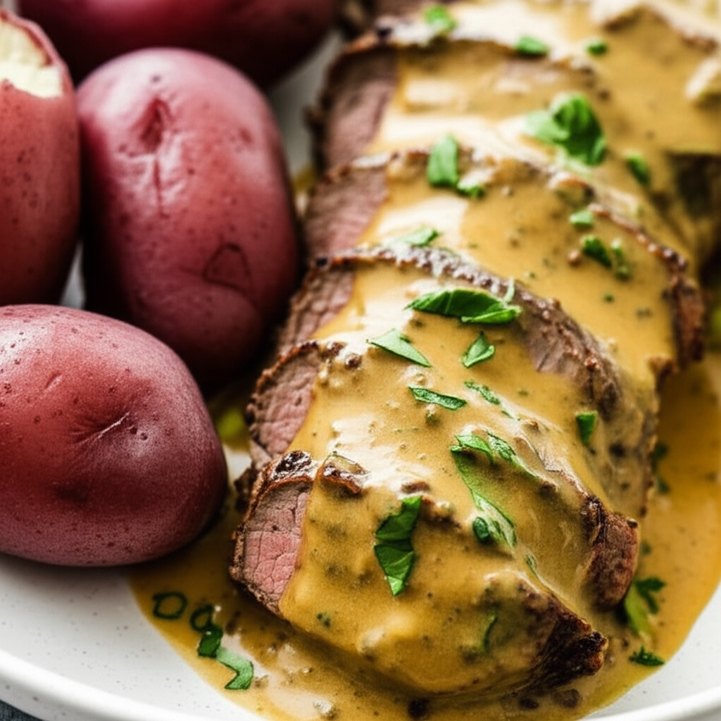 Beef Tenderloin With Mustard Tarragon Cream Sauce image