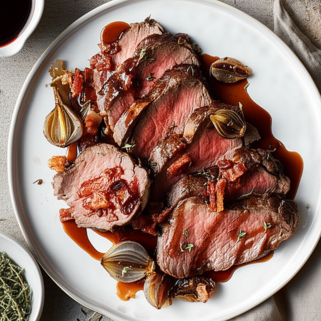 Beef Tenderloin With Roasted Shallots Bacon And Port image