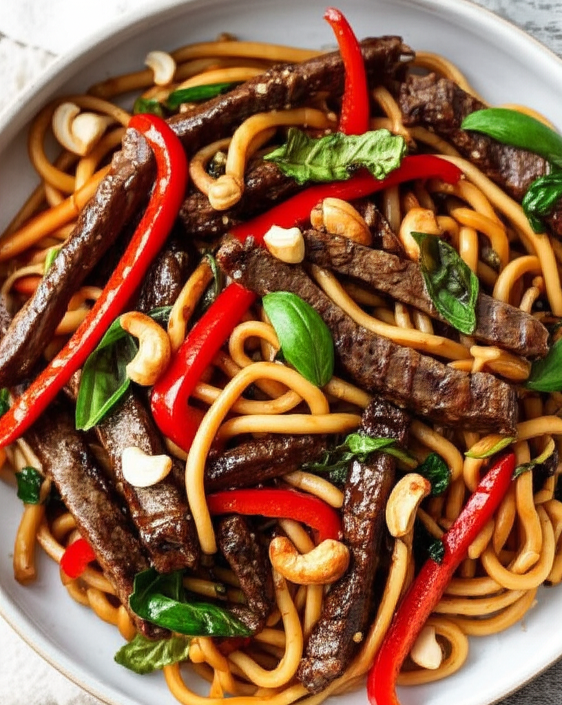 Beef With Garlic Ginger Basil And Udon Noodles image