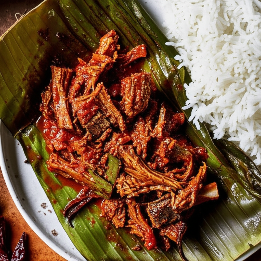 Beef With Guajillo Sauce Baked In Banana Leaves Mixiote De Car image