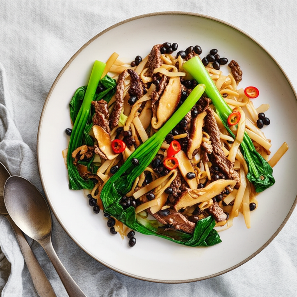 Beef Black Beans And Rice Noodles With Oyster Sauce image
