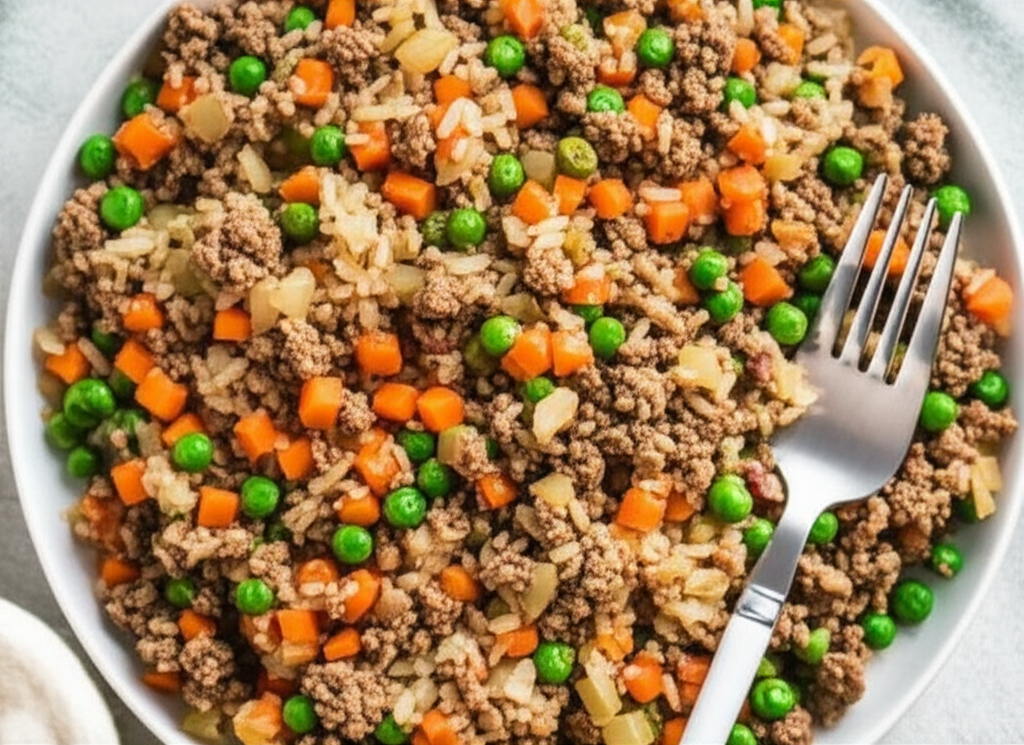 Beef Rice Peas And Carrots One Dish Meal image