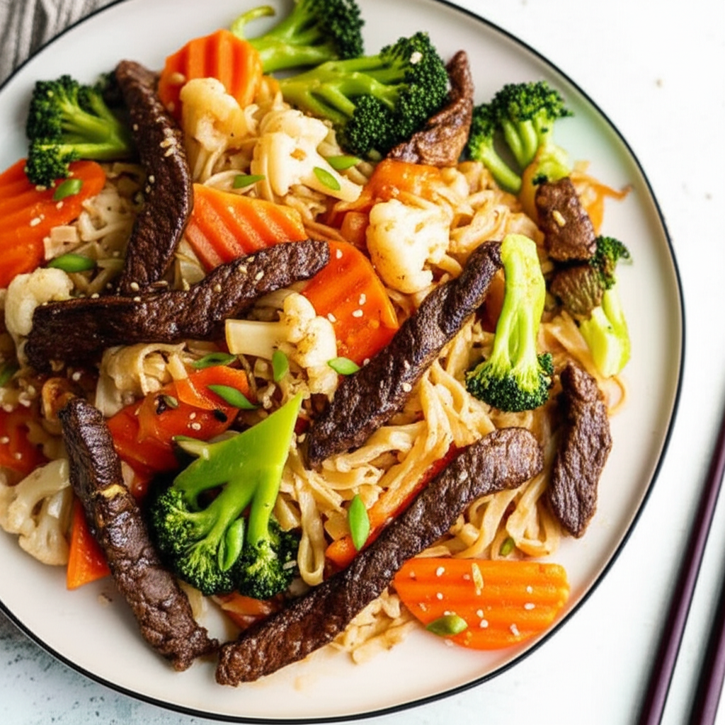 Beef Vegetables And Rice Noodles With Oyster Sauce image