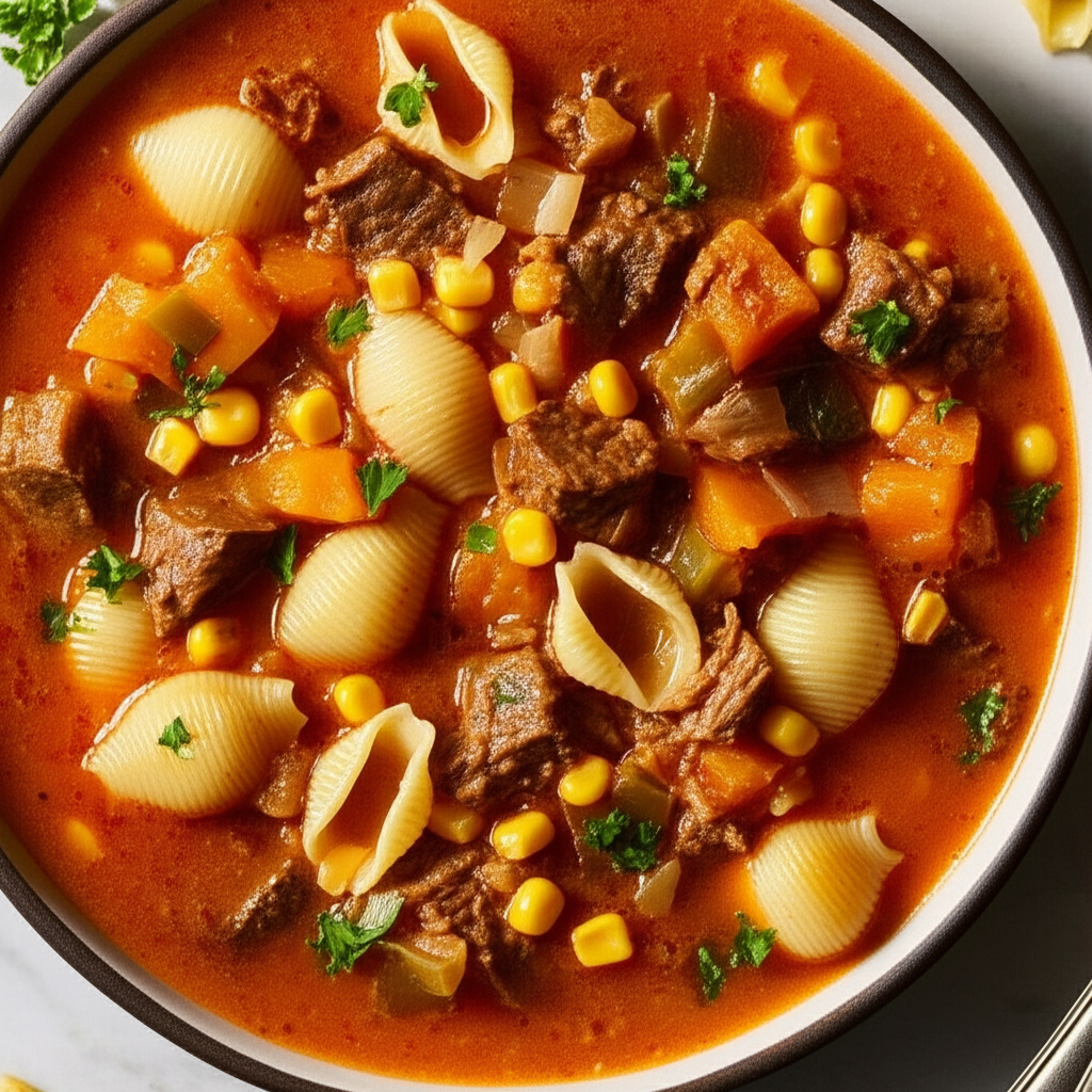 Beefy Pumpkin Pasta Soup image