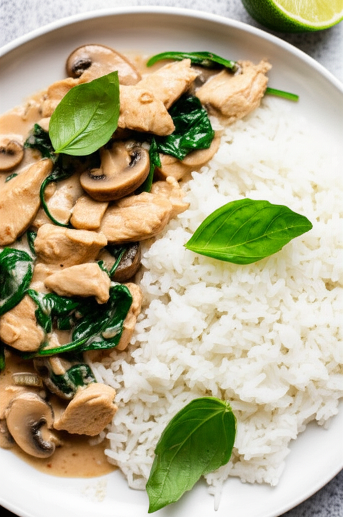Thai Inspired Coconut Chicken With Spinach And Mushrooms image