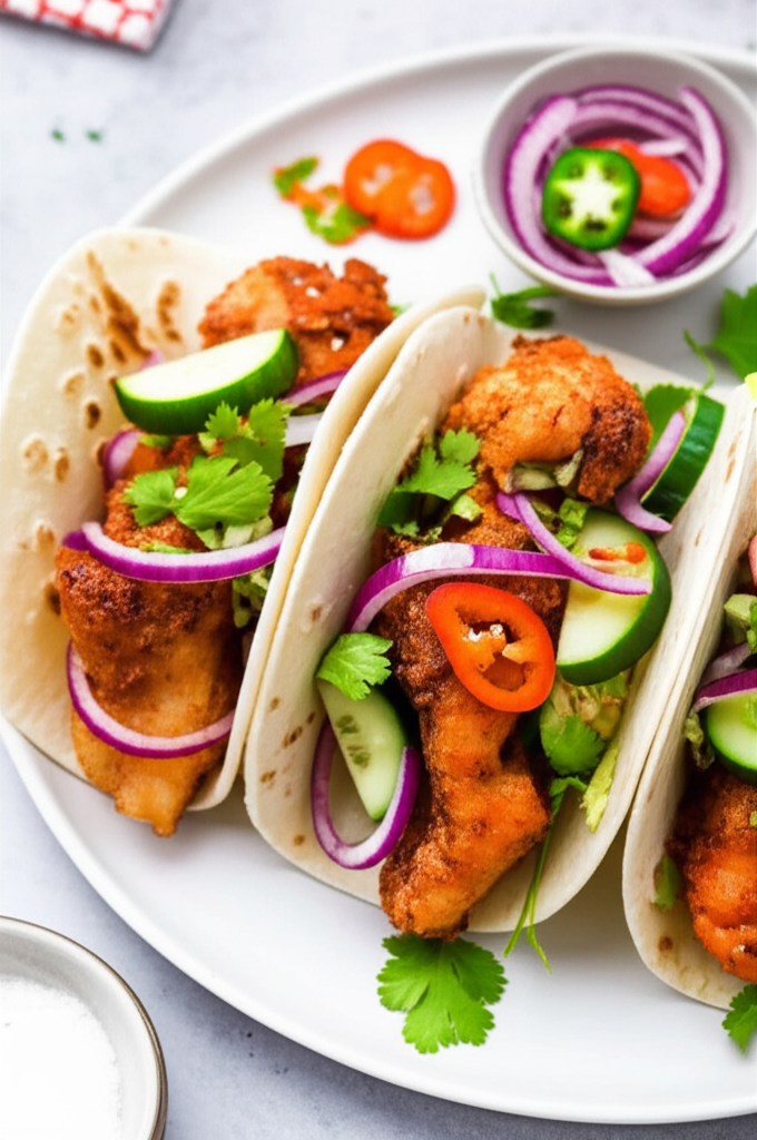 Beer Battered Fish Tacos With Pickled Onion And Cucumber image