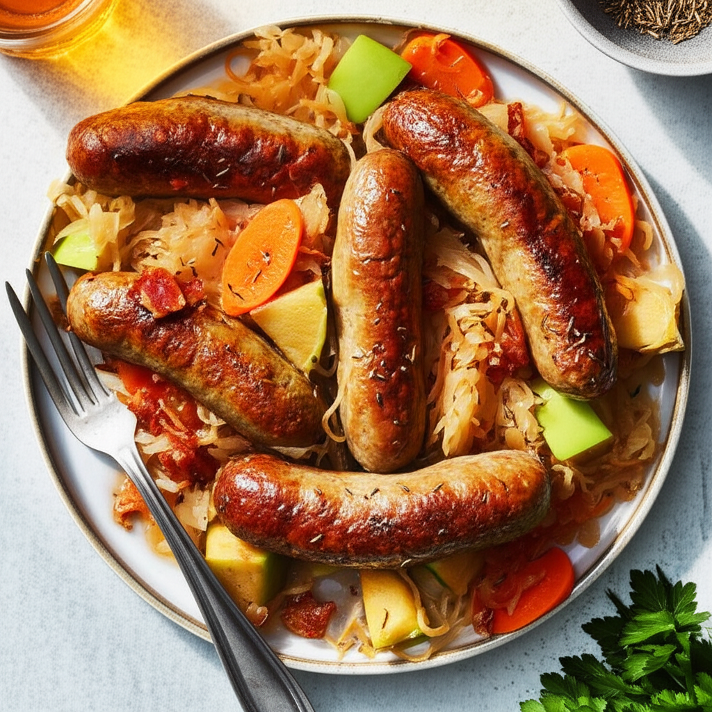 Beer Braised Bratwurst With Sauerkraut image