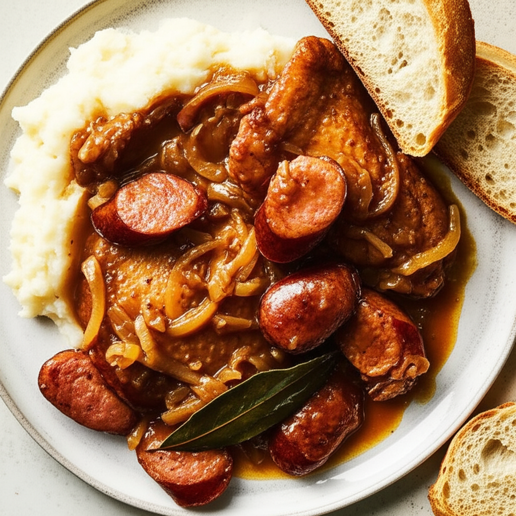 Beer Braised Chicken Sausage And Onions image
