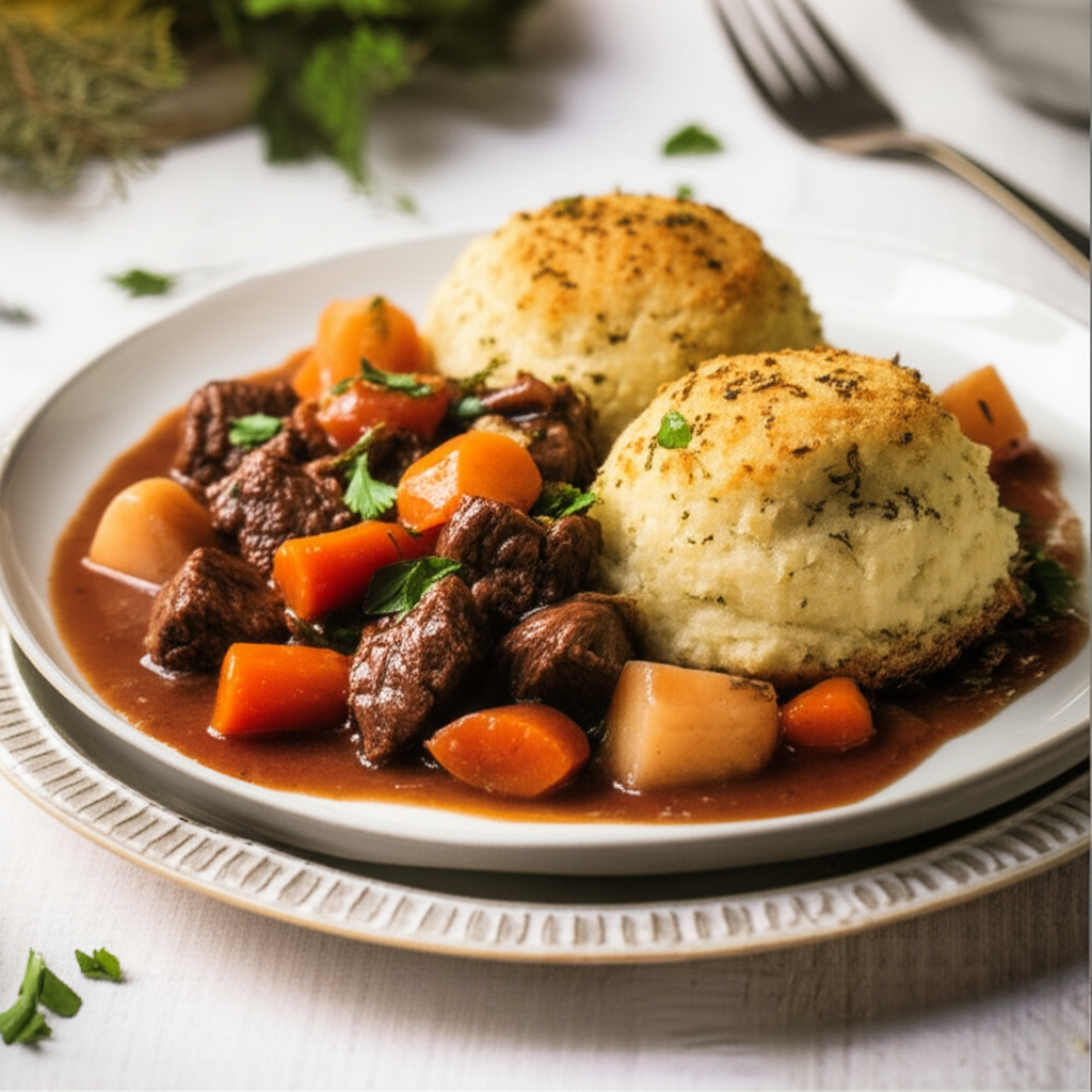 A Winter's Walk Beef And Carrot Stew With Herb Crusted Dumplings image