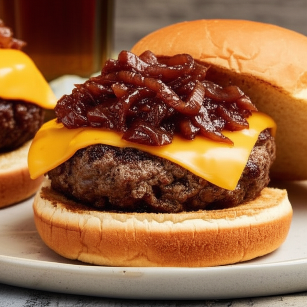 Beer Burgers With Beer Braised Onions image