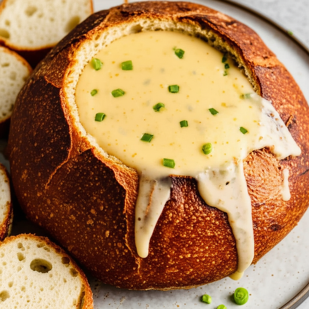 Beer Cheese Fondue In Sourdough Round Rarebit In A Hole image