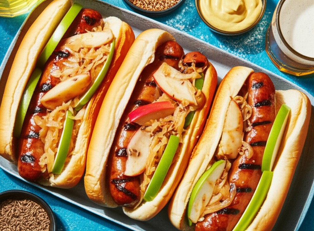 Beer Bathed Brats With Sauerkraut And Apples image