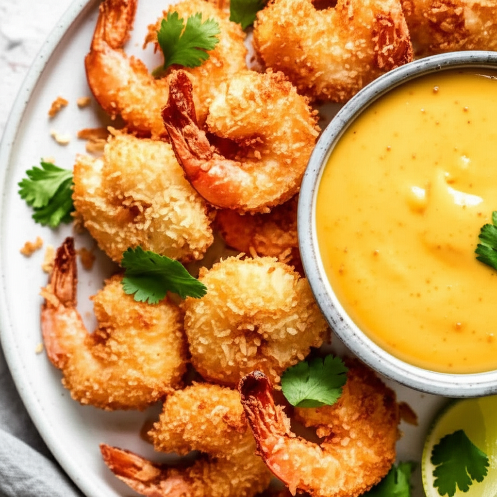 Beer Battered Coconut Shrimp With Pineapple Mustard Sauce image