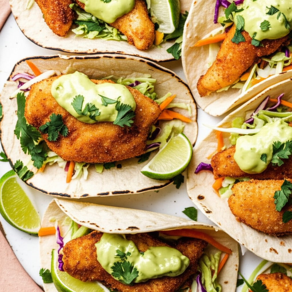 Beer Battered Mahi Mahi Soft Tacos W Coleslaw And Avocado Sauce image