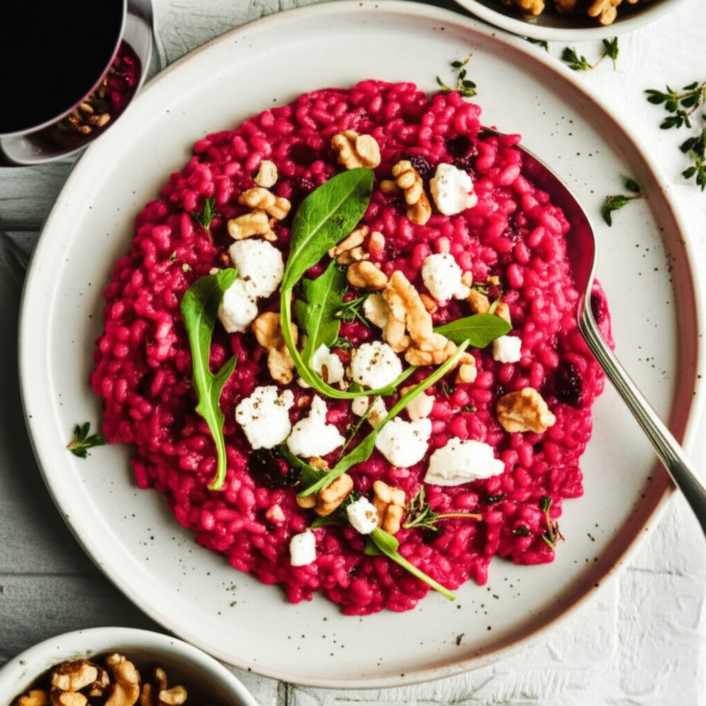 Beetroot Risotto With Goats Cheese Walnuts image