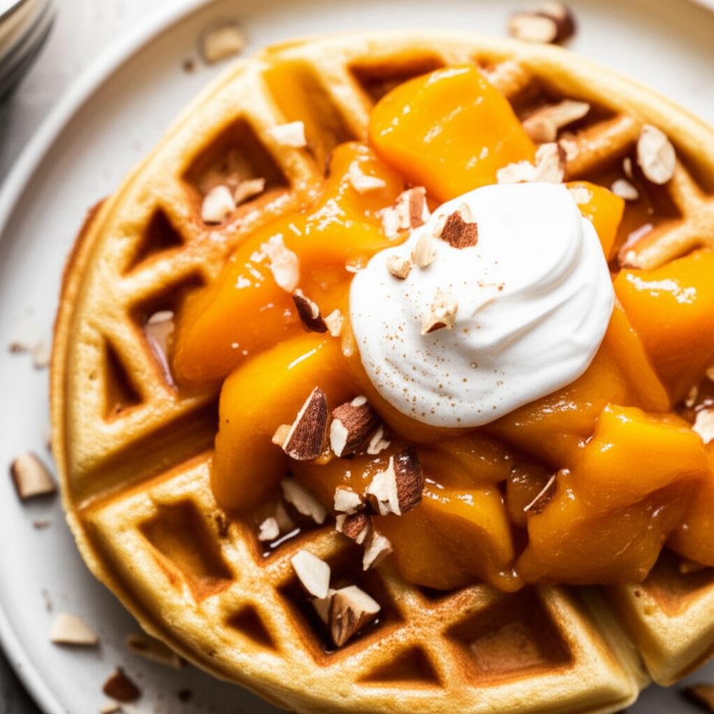 Belgian Buttermilk Almond Waffles With Cinnamon Peach Compote image