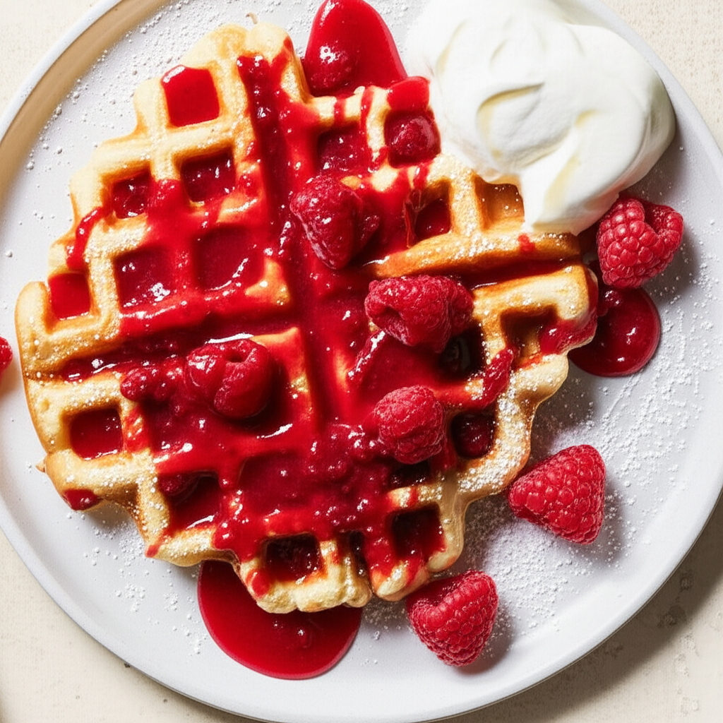 Belgium Raspberry Waffles With Lemon Raspberry Syrup image