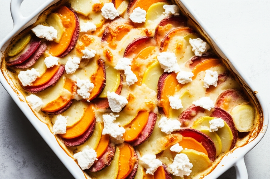 Tri Colored Potato And Goat Cheese Gratin image