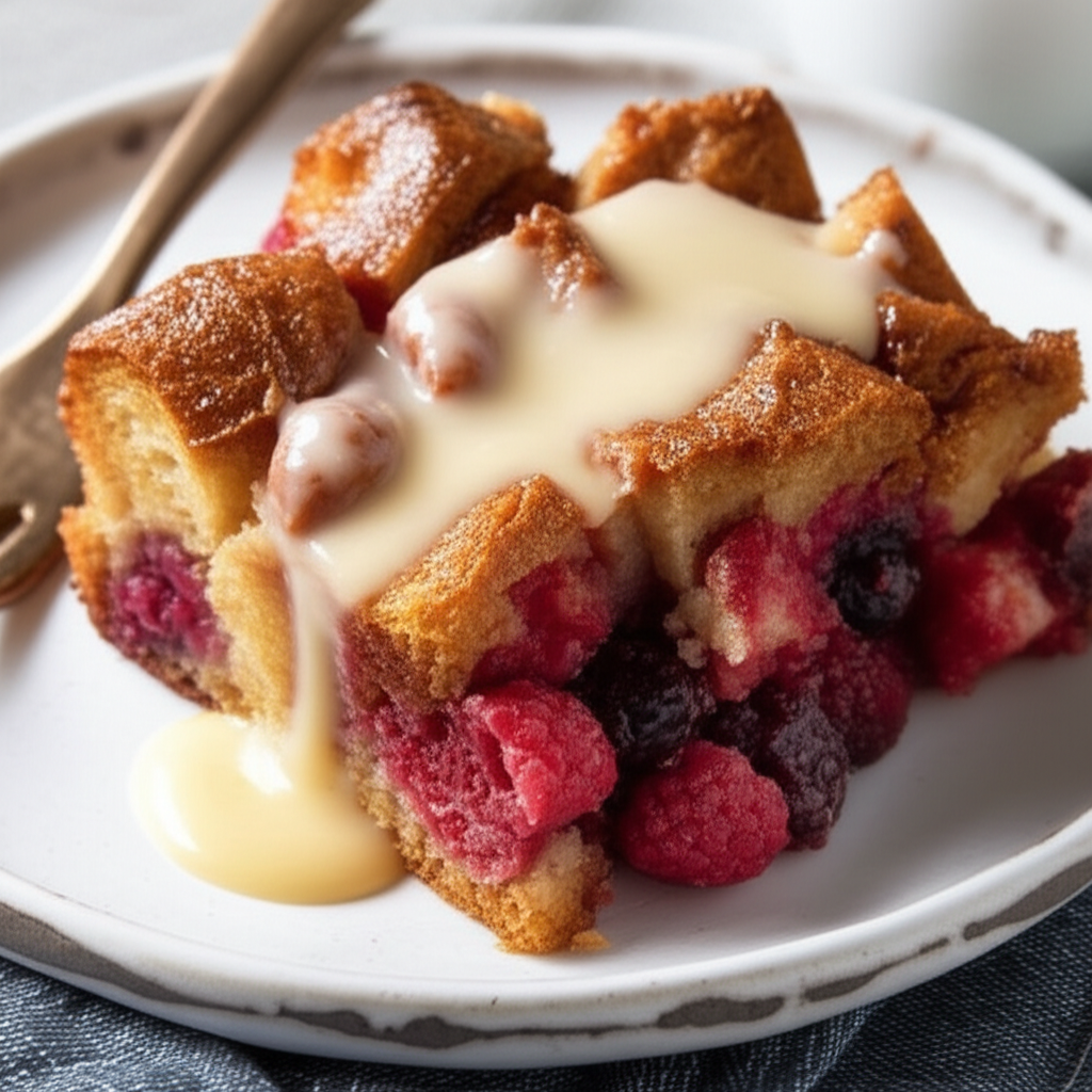 Berry Bread Pudding With Vanilla Cream Sauce image