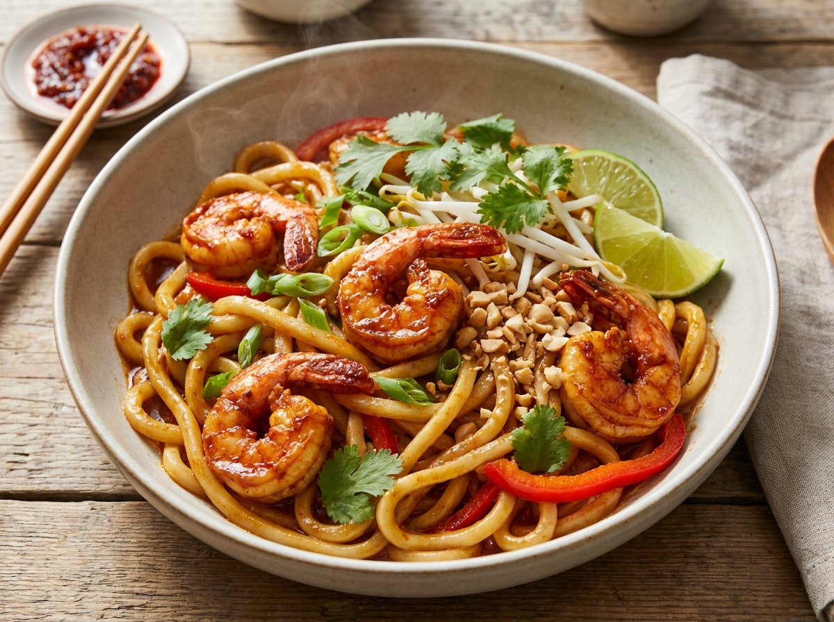 Udon Noodles With Spicy Shrimp image