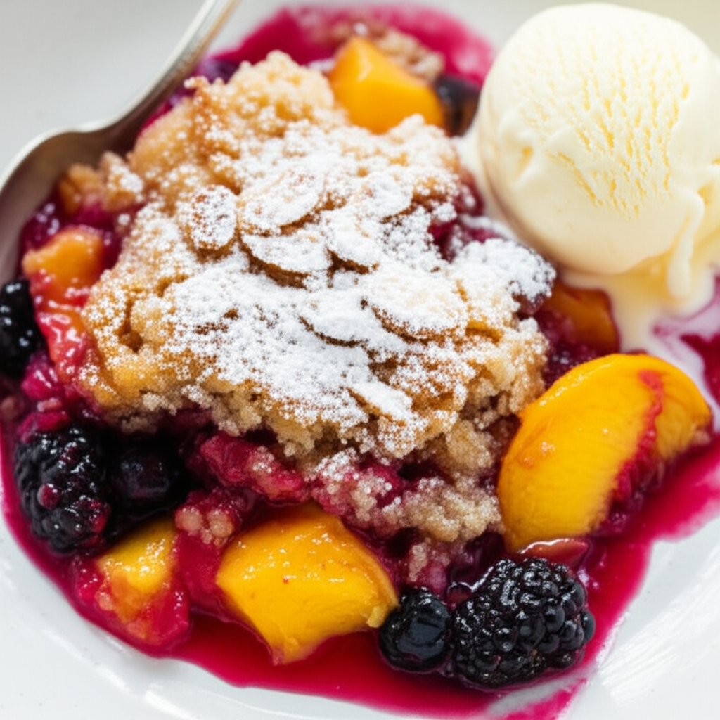Berry Peach Cobbler With Sugared Almonds image