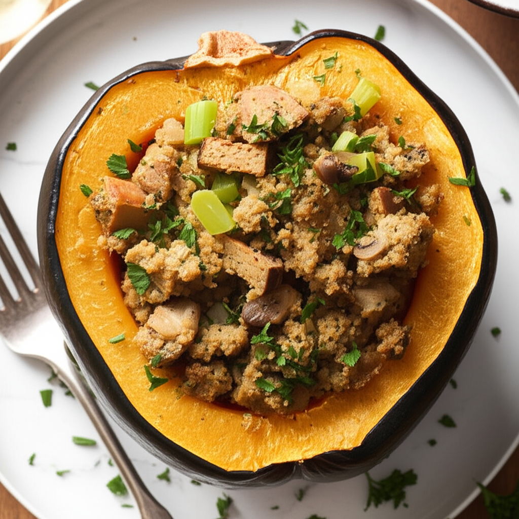 Acorn Squash Stuffed With Herbed Cornbread Stuffing With Seitan image