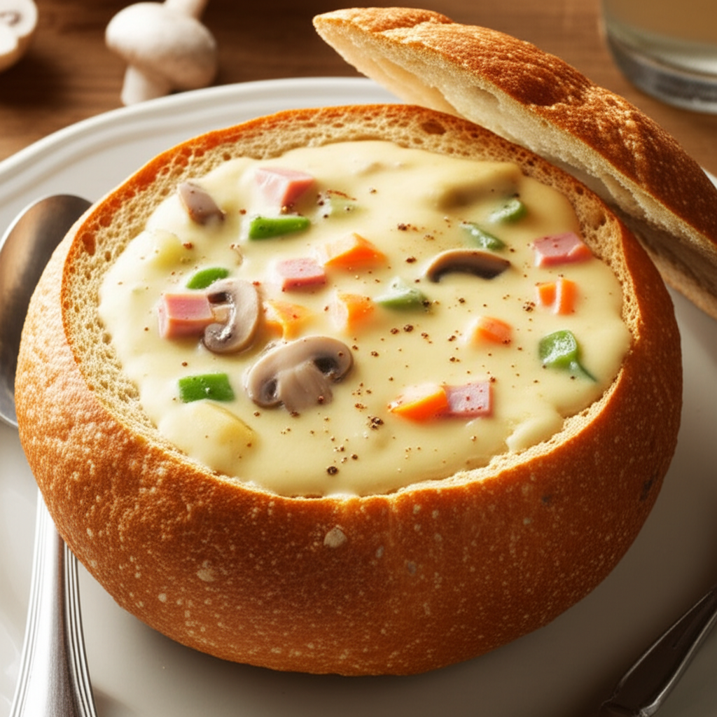 Actual Panera Bread Recipe For Hearty Cheese Soup In A Sourdough image