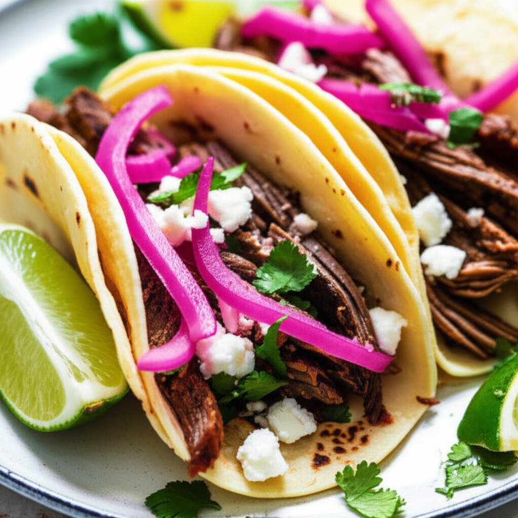 Adobo Beef Tacos With Pickled Red Onions image