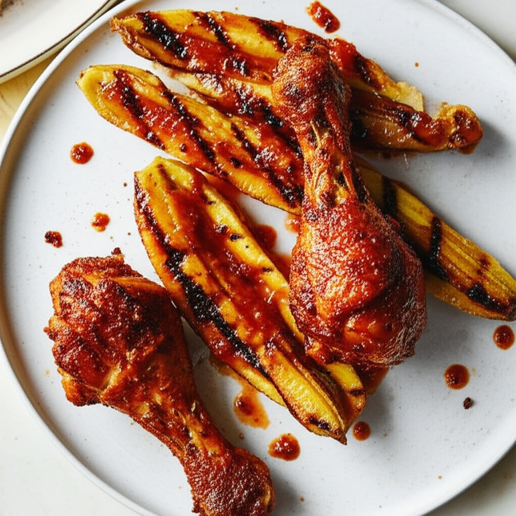 African Spice Rubbed Drumsticks With Banana Boats image