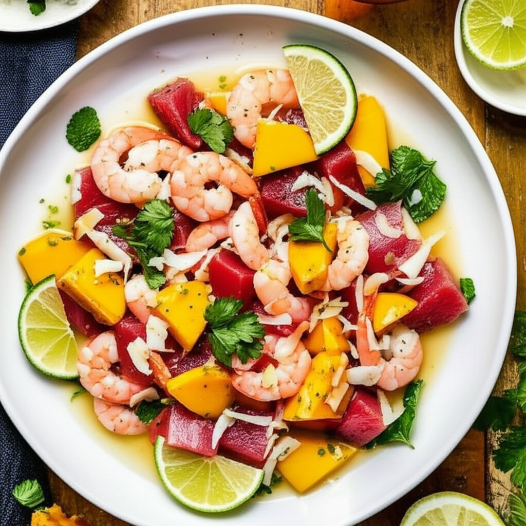 Ahi Tuna And Baby Shrimp Ceviche W Papaya Salad And Coconut image