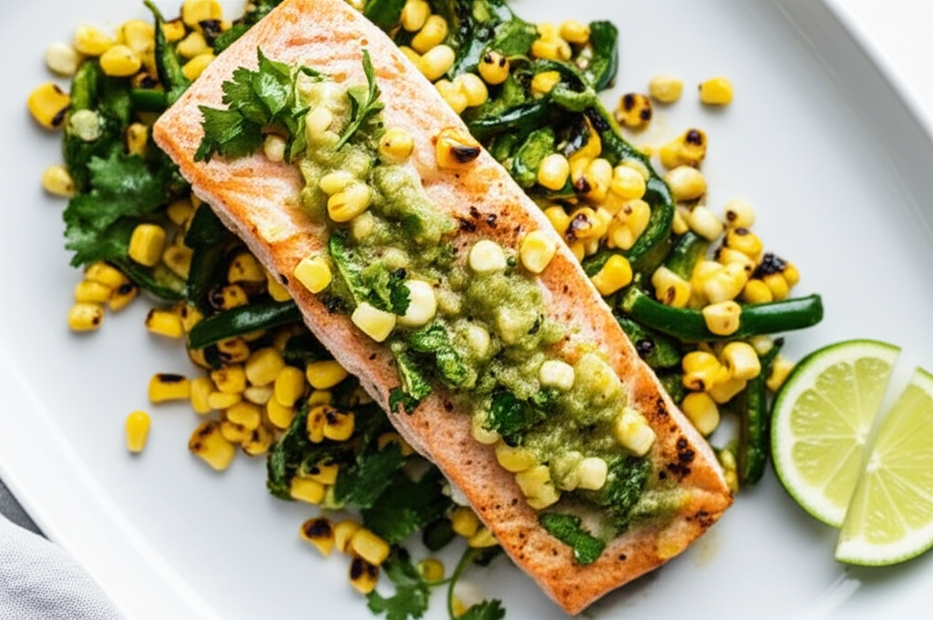 Alaska Salmon W Tomatillo Sauce Fresh Corn Poblano Chile image