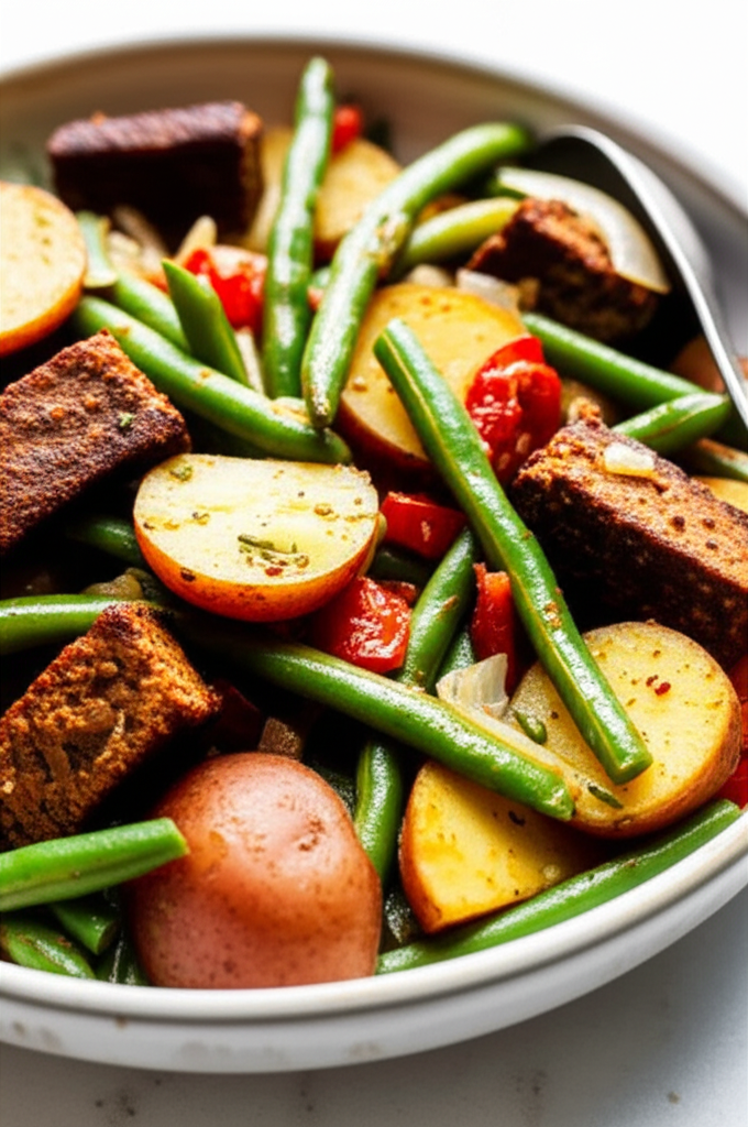 Albanian Stewed Green Beans And Potatoes With Smokey Seitan image