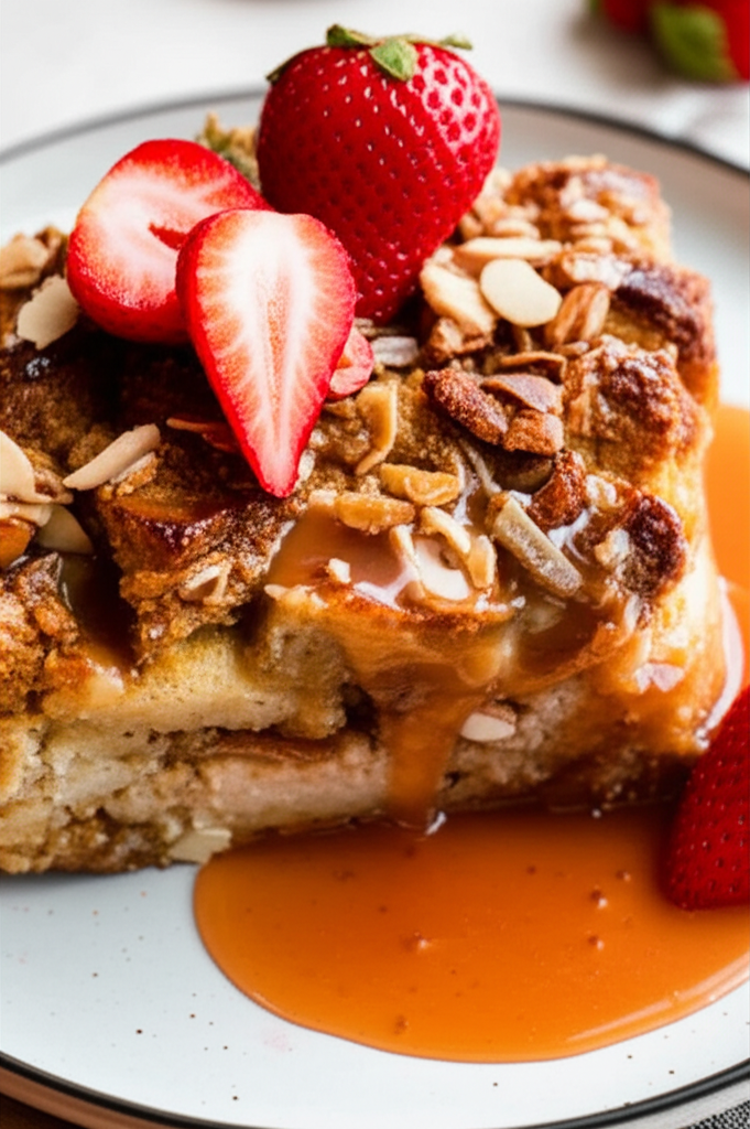Almond Bread Pudding With Strawberry Caramel Sauce image