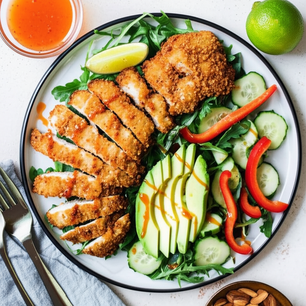 Almond Crumbed Chicken Schnitzel With Avocado Salad image