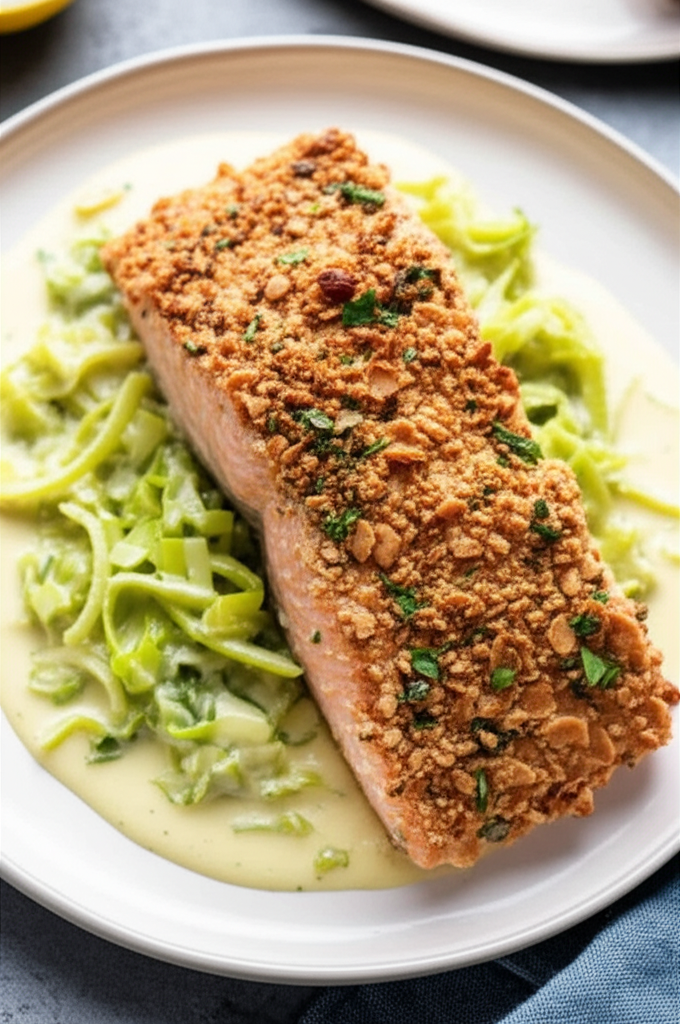 Almond Crusted Salmon With Leek And Lemon Cream image
