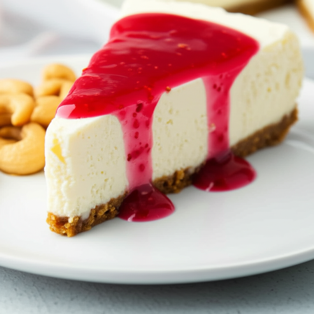 Almond Delite Cheesecake W Raspberry Sauce image