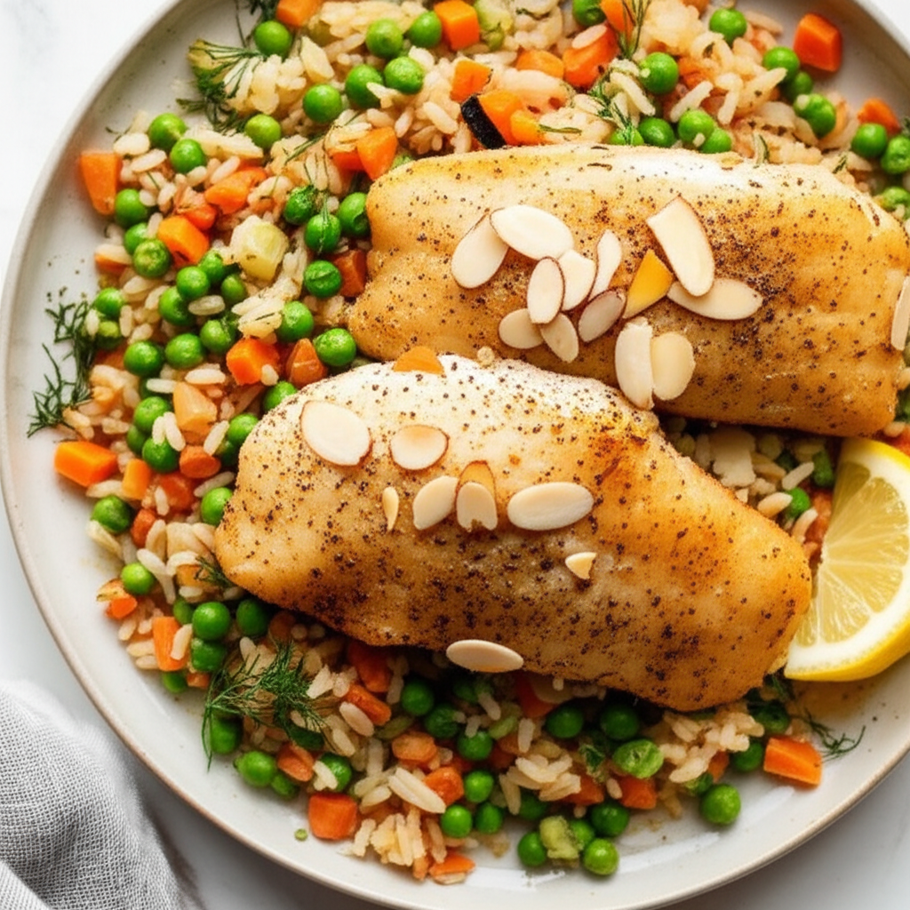 Almond Tilapia And Peas And Carrots Rice image