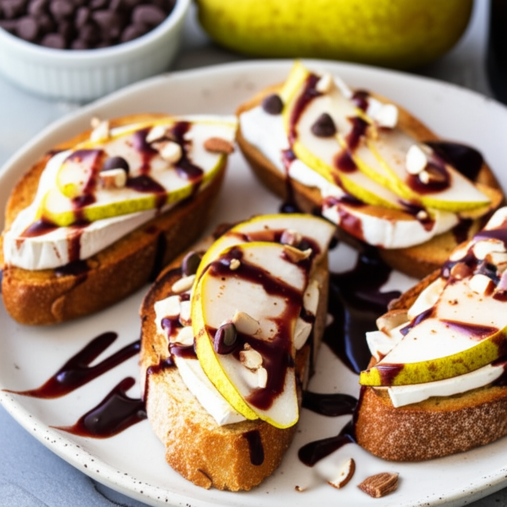 Alouette Baby Brie Toasts With Pear And Chocolate Wine Sauce image