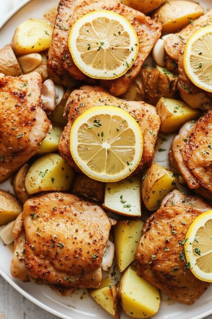 Amazing Baked Lemon Garlic Chicken Thighs And Potatoes image