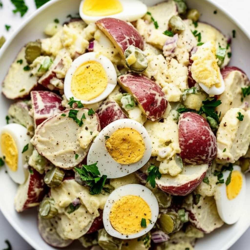 American Potato Salad With Hard Boiled Eggs And Sweet Pickles image