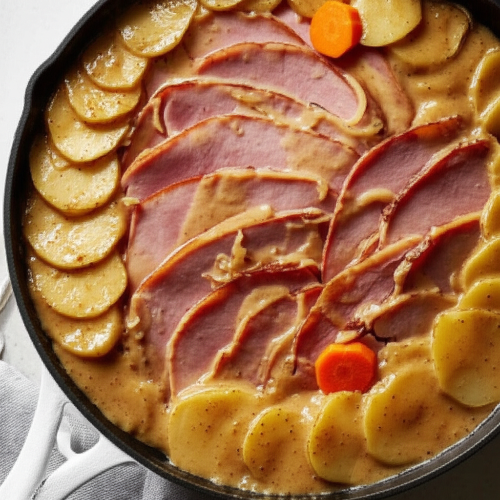 Amish Brown Sugar Ham Steak And Scalloped Potato Skillet Vintag image