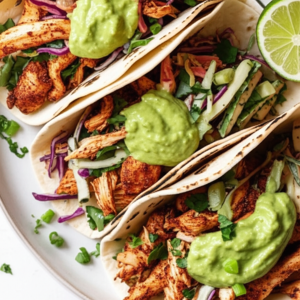 Ancho Chicken Tacos With Cilantro Slaw And Avocado Cream image