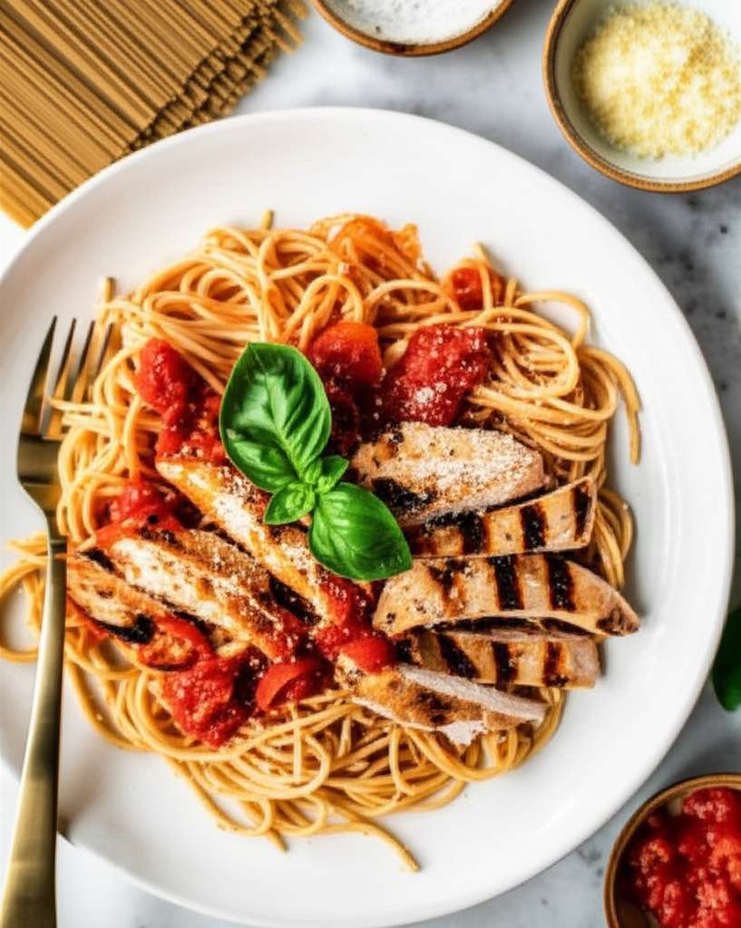 Angel Hair Pasta With Basil Tomato Sauce And Chicken image