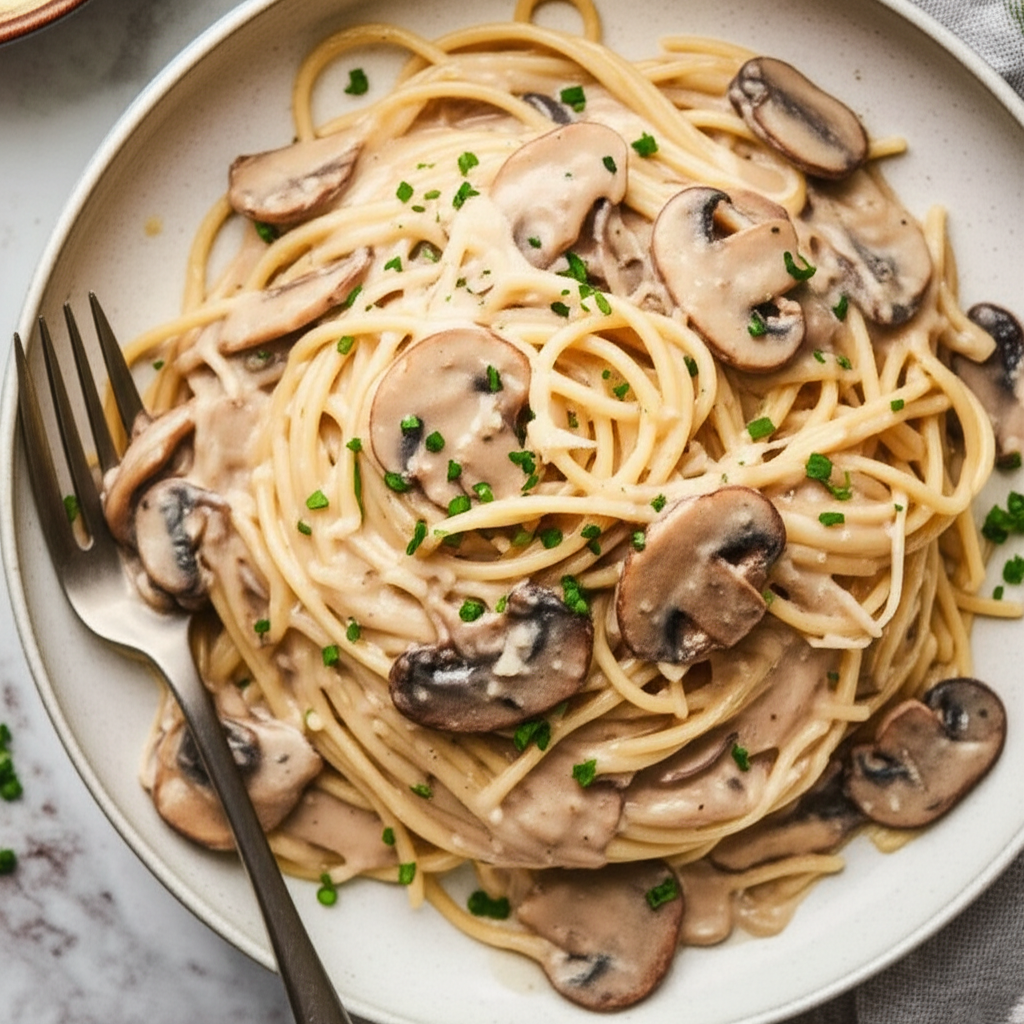 Angel Hair Pasta With Creamy Mushroom Sauce image